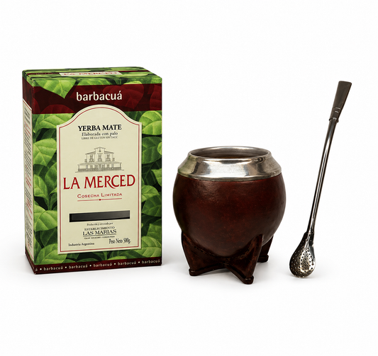 Pack La merced con palo Barbacua 500 grs, Mate Calabaza y Bombilla Alpaca